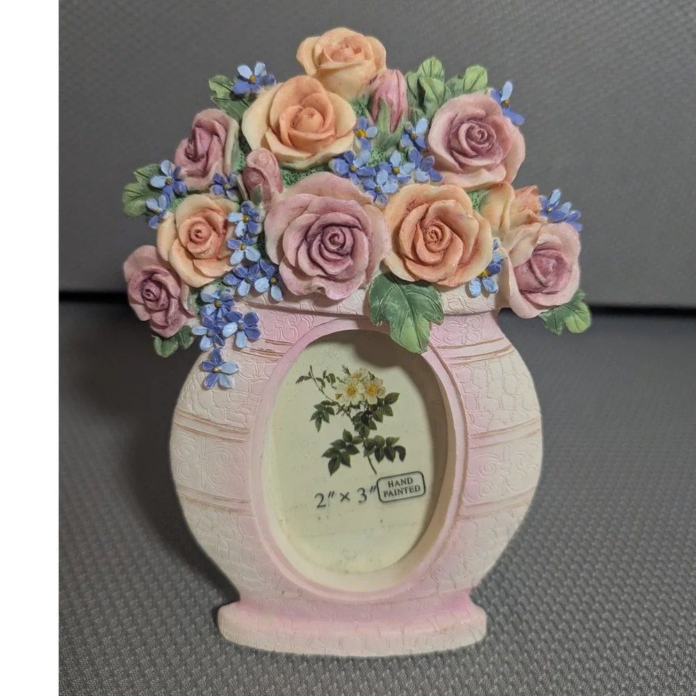 VTG Hand Painted Floral Resin Picture Frame 2x3 Roses Cottagecore Gift Link Inc